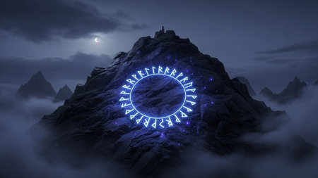 A dramatic night scene unfolds with a mystical mountain peak silhouetted against a dark, cloudy sky. A luminous blue circle of ancient runes hovers above the summit, emitting an ethereal glow. The crescent moon peeks through the clouds, casting a faint moonlight that adds to the magical and atmospheric of the Wisps of fog or mist swirl around the base of the mountain and distant peaks, enhancing the sense of mystery and enchantment. evokes themes of fantasy, spirituality, and ancient power.の素材