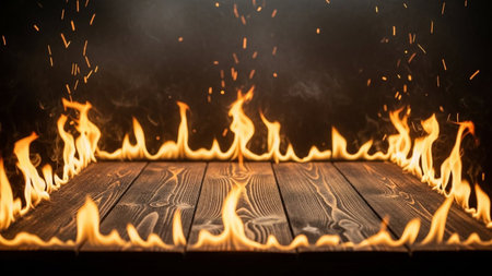 A close-up view of a wooden surface with a rich grain pattern, completely surrounded by vibrant, dancing flames. Orange and yellow fire licks upwards, creating a dramatic and intense atmosphere. Small, glowing embers and sparks are scattered in the air above, adding a sense of dynamic movement and heat. The background is a deep, dark black, which makes the fiery stand out prominently. The lighting is dramatic, highlighting the texture of the wood and the intensity of the fire.の素材