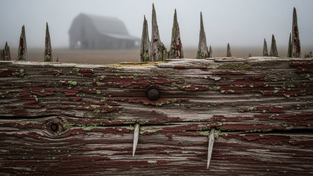 A close-up view of a weathered wooden fence in the foreground, with peeling red paint and visible wood grain. The fence posts are rough and aged, with some showing signs of decay and moss. In the blurred background, a rustic barn is faintly visible through a thick layer of mist and fog, creating a serene and atmospheric rural scene. The muted colors and soft focus contribute to a moody and nostalgic feel, evoking a sense of history and quiet solitude.の素材