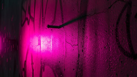 captures a close-up view of a concrete wall covered in graffiti, illuminated by a vibrant pink neon light. The light casts a strong glow, highlighting the textured surface of the wall, its cracks, and the spray-painted The presence of water droplets and streaks suggests rain or dampness, adding to the moody and urban atmosphere. The contrast between the dark background, the bright neon, and the rough texture creates a visually striking and edgy composition.の素材