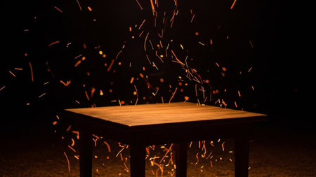 A dark, atmospheric scene featuring a simple wooden table positioned in the center against a black background. Numerous bright orange and red sparks and glowing embers are captured in mid-air, appearing to erupt from or surround the table and fly upwards. The intense light from the embers creates a dramatic contrast with the dark surroundings, highlighting the table's texture and form. The conveys a sense of energy, heat, and dynamic motion.の素材