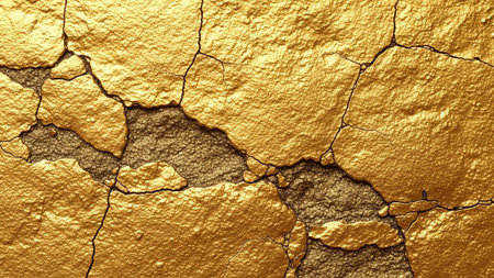 A close-up, high-angle view reveals a textured surface with a rich, golden hue. The surface is heavily cracked, exposing a rough, dark gray underlayer beneath. The cracks vary in size and shape, creating an intricate network across the golden The lighting emphasizes the texture and depth of the cracks, giving the a sense of age and wear. This abstract composition evokes a feeling of ancient treasure or a weathered, preciousの素材