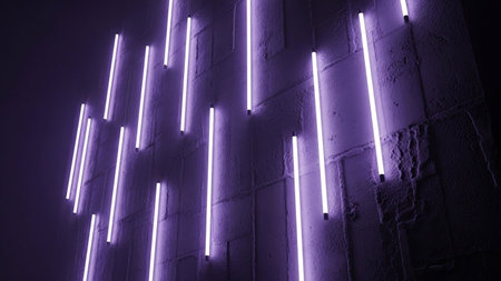 A stark, textured concrete wall serves as a backdrop for a dynamic arrangement of vertical purple neon lights. The glowing tubes create a striking contrast with the rough surface, casting an electric and vibrant illumination. The lights are spaced irregularly, forming an abstract pattern that feels both modern and futuristic. The overall mood is atmospheric and visuallyの素材