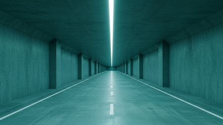 A long, straight concrete tunnel stretches into the distance, illuminated by a bright white light emanating from the ceiling. The walls and floor are made of rough concrete, with white lines marking the edges of the road. The overall color palette is a cool teal or cyan, creating a futuristic and somewhat mysterious atmosphere. The perspective draws the viewer's eye towards the vanishing point, suggesting a journey or a path forward. The scene is minimalist and geometric, emphasizing the...の素材