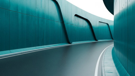 a futuristic, empty tunnel with a smooth, dark asphalt road that curves into the distance. The walls are constructed from seamless, matte concrete in a striking teal hue, featuring subtle, wave-like indentations. The lighting is even, creating a sense of depth and highlighting the clean, minimalist The overall impression is one of advanced technology and an endless, sleek passage.の素材