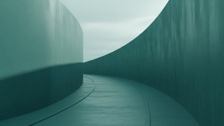 A minimalist architectural scene featuring smooth, curved walls in a muted teal hue. A pathway or walkway curves gently into the distance, leading towards a soft, overcast sky. The lighting is subtle, creating soft shadows that define the architectural forms. The overall impression is one of serenity, modernity, and a sense of journey or direction. The color palette is monochromatic, dominated by shades of teal and pale blue.の素材