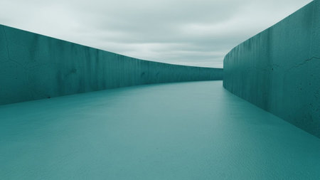 A surreal and atmospheric depicting a curved corridor formed by teal-colored concrete walls. The smooth, textured walls recede into the distance, creating a sense of an endless pathway under an overcast, grey sky. The minimalist and the unusual teal hue lend a modern, yet slightly desolate or dystopian feel to the scene. The perspective draws the viewer into the mysterious architectural space, which could be interpreted as a futuristic structure or an abstract environment.の素材