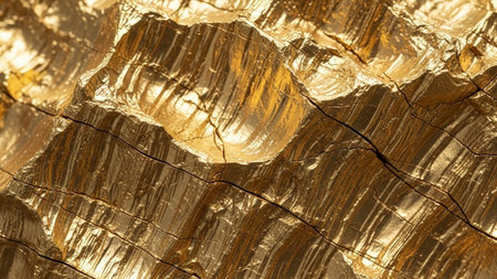 An abstract close-up captures the intricate texture of a golden surface. Deep, irregular cracks run across the creating a sense of age and ruggedness. Bright highlights reflect off the undulating surface, emphasizing its metallic and The warm, earthy tones of the gold, combined with the dramatic play of light and shadow, create a visually rich and compelling abstract composition.の素材