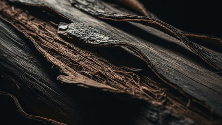 This extreme close-up captures the intricate details of weathered wood. The dark, rough surface is characterized by peeling bark and exposed, fibrous strands. The lighting emphasizes the texture and depth, creating a dramatic and organic feel. The is dominated by deep browns and blacks, with subtle variations in tone highlighting the natural imperfections and age of the This abstract macro shot is backgrounds or conceptual uses requiring a strong naturalの素材
