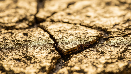 This extreme close-up macro shot reveals a cracked surface with a rich, golden metallic texture. The light catches the irregular surfaces and sharp edges of the broken fragments, creating a glittering and opulent effect. The texture appears rough and weathered, suggesting an ancient or natural formation. The golden color evokes a sense of richness, value, and luxury. The composition focuses on the intricate details and the interplay of light and shadow on the varied surfaces.の素材