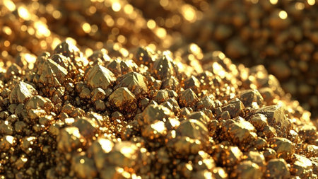 A detailed macro shot of numerous golden mineral crystals clustered together. The sharp facets of the crystals catch the light, creating a effect. The background is softly blurred with warm bokeh highlights, emphasizing the texture and richness of the gold. The overall impression is one of opulence and natural formation.の素材