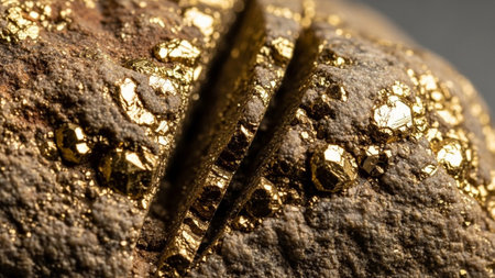 Extreme close-up of a piece of raw gold ore. The rough, brown rock surface is embedded with numerous small, glittering gold nuggets and crystalline formations. The metallic veins of gold are clearly visible, highlighting the natural beauty and richness of the mineral. The lighting emphasizes the texture and shine of the precious metal against the earthy backdrop.の素材
