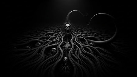 A deeply unsettling and dark abstract composition a central screaming skull and skeletal forms emerging from a mass of intertwined, dark tendrils. Numerous other screaming faces and skeletal structures are visible within the organic, root-like network, creating a sense of overwhelming dread and psychological torment. The monochromatic palette and dramatic lighting enhance the macabre and eerie atmosphere, evoking themes of fear, despair, and the supernatural. This is a powerful visual...の素材