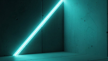 A stark and minimalist scene featuring a single, bright cyan neon light tube positioned diagonally in the corner of a dark concrete room. The vibrant light cuts through the darkness, casting sharp shadows and highlighting the rough texture of the concrete walls and floor. The contrast between the intense glow and the deep shadows creates a dramatic and futuristic ambiance.の素材