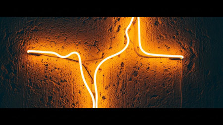 A vibrant orange neon light forms a cross shape against a dark, rough-textured wall. The neon tube is illuminated with a bright, warm glow, casting a soft light onto the uneven surface of the wall. The contrast between the sharp, clean lines of the neon and the organic texture of the wall creates a visually striking composition. The has a modern and abstract feel, with the cross serving as a recognizable symbol.の素材