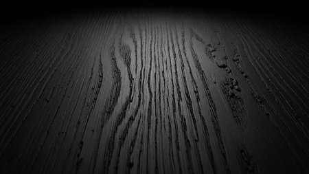 A close-up, macro view of a dark, textured wood surface. The deep black color and prominent grain create a dramatic and abstract pattern. The lighting emphasizes the natural texture, highlighting the ridges and valleys of the wood. evokes a sense of depth and organic complexity, backgrounds or abstract The focus is on the intricate details of the wood's natural structure.の素材