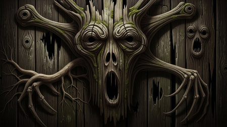 A highly detailed and textured of a face carved into weathered wooden planks. The face is gnarled and appears to be screaming with a gaping mouth and hollow eyes. Twisted branches and roots emanate from the face, resembling skeletal fingers. Patches of green moss cling to the wood, adding to the eerie and ancient aesthetic. Several holes and cracks in the planks suggest decay and neglect, enhancing the overall spooky and horror-themed atmosphere.の素材