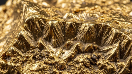 This extreme close-up showcases the intricate and detailed texture of a golden mineral nugget. The surface is a landscape of crystalline formations, with sharp peaks and valleys that catch the light, creating a sense of depth and complexity. The metallic sheen of the gold is evident, highlighting its rich, warm hue. Small, darker mineral inclusions are scattered across the surface, adding contrast and visual interest. The overall impression is one of raw, natural beauty and immense value.の素材
