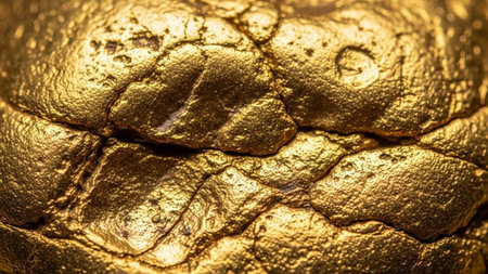 An extreme close-up shot reveals the intricate texture of a golden surface. Deep, irregular cracks crisscross the creating a complex and organic pattern. The surface is highly reflective, with bright highlights catching the light and emphasizing the rough, uneven topography. The overall impression is one of raw, natural beauty and immense value, evoking a sense of wealth and preciousness.の素材