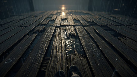 A low-angle perspective shot looking down a dark, weathered wooden pier. The planks are broken and holes, revealing dark water below. Raindrops are visible falling and creating ripples on the water's surface. A faint light source is visible in the distance, casting a subtle reflection. The overall mood is somber and atmospheric, emphasizing decay and solitude.の素材