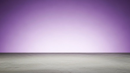 An empty, minimalist scene featuring a textured concrete floor that transitions smoothly into a soft, luminous purple gradient background. The gradient starts with a brighter white near the floor and fades upwards into a gentle lavender hue, creating a subtle and airy atmosphere. The concrete surface appears smooth and slightly textured, providing a neutral base. is product placement, studio or as a clean, unobtrusive background for various creative applications.の素材