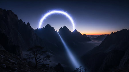 a surreal mountain landscape under a dark night sky. Jagged mountain peaks are silhouetted against the deep blue expanse, with a soft orange glow on the horizon suggesting either twilight or dawn. Dominating the scene is a luminous, electric blue ring encircling a portion of the sky, from which a powerful beam of light descends into a misty valley. A lone, silhouetted tree stands in the foreground, adding a sense of scale and grounding the fantastical The atmosphere is mystical and...の素材