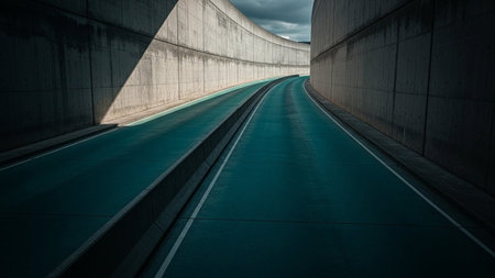a striking concrete tunnel with a curved, futuristic A vibrant teal asphalt road stretches into the distance, defined by clean lines and bordered by concrete barriers. Dramatic shadows are cast by an unseen light source, creating a strong contrast and emphasizing the geometric patterns of the architecture. The overcast sky adds to the moody and slightly dystopian atmosphere, making it a compelling visual for themes of transportation, modern and the unknown future.の素材