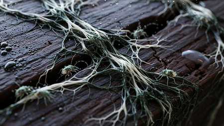 A close-up, macro view reveals a fascinating microscopic scene on a dark, wet wooden surface. Tiny, insect-like creatures with delicate, segmented bodies are scattered across the wood. Intertwined with them are intricate, white and green root-like structures, resembling a fungal or mycelial network. Water droplets glisten on the dark wood, indicating a damp environment. The texture of the wood is rough and detailed, providing a stark contrast to the delicate organic forms and the small...の素材