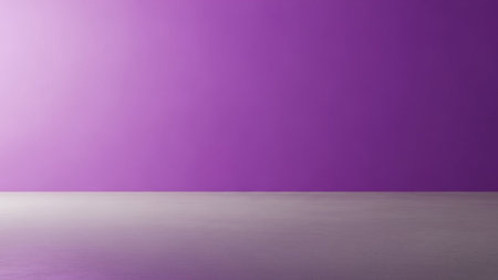 A minimalist interior scene featuring a smooth, vibrant purple wall that transitions to a lighter shade at the left corner, creating a soft gradient. The floor is a light grey concrete, reflecting the purple hue from the wall. The overall aesthetic is clean, modern, and spacious, with a focus on color and form. The simplicity of the composition makes it an backdrop for various concepts, product or as a calming visualの素材