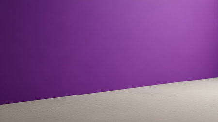 A minimalist studio setting featuring a vibrant, solid purple wall meeting a smooth, light beige floor. The clean lines and simple color palette create an uncluttered and modern backdrop. A subtle gradient of light and shadow adds depth to the purple wall, while the beige floor appears smooth and neutral. is product presentations, or as a clean, eye-catching background where the can stand out without distraction. The ample copy space allows for text or additionalの素材