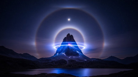 A dramatic night scene a sharp mountain peak bathed in an ethereal blue glow. A luminous halo encircles the summit, with a crescent moon visible above. The surrounding landscape is dark and silhouetted, with a calm body of water reflecting the celestial light. The starry sky adds to the mystical and otherworldly atmosphere of this natural spectacle.の素材