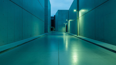 A long, modern architectural corridor is captured with smooth, teal-colored concrete walls that recede into the distance. The floor is highly reflective, appearing wet and mirroring the cool, blue-green ambient light and the warm glow from strategically placed exterior lights. The perspective draws the viewer down the symmetrical pathway, emphasizing the clean lines and minimalist of the structure. The overall impression is one of sleek, contemporary and a sense of quiet urban space.の素材