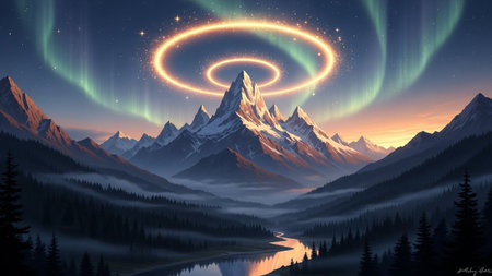 A natural landscape unfolds with a snow-capped mountain peak at its center. Above the peak, a vibrant aurora borealis dances across the night sky, casting ethereal green and yellow hues. A luminous golden ring encircles the mountain's summit, adding a celestial and magical The sky is filled with twinkling stars and hints of a distant galaxy. Below, a serene valley is cradled by dark pine forests, with a winding river reflecting the celestial spectacle. The scene evokes a sense of awe,...の素材