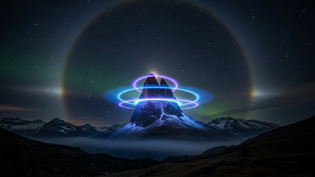 A dramatic night scene a solitary, jagged mountain peak bathed in the ethereal glow of the aurora borealis. Streaks of green and purple light dance across the star-filled sky, forming a grand arc above the mountain. Futuristic, glowing neon rings in blue and purple encircle the summit, adding a touch of science fiction to the natural wonder. The foreground is a dark, rocky landscape, with misty valleys below, enhancing the sense of isolation and grandeur.の素材