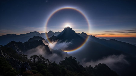 A panoramic view captures a mountain range bathed in the soft light of sunrise. A luminous sun halo encircles the sun, which is just cresting behind the sharp peak of the central mountain. Wisps of atmospheric clouds and mist drift through the valleys and around the peaks, adding depth and a sense of ethereal beauty to the scene. The sky transitions from deep blue at the to warm oranges and yellows near the horizon. conveys a sense of awe, tranquility, and the profound beauty of nature at dawn.の素材