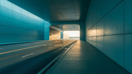 showcases a modern, clean-lined concrete tunnel designed for transportation. A paved road with clear lane markings stretches through the tunnel, leading towards a bright opening where sunlight streams in, illuminating the far end. The geometric architecture of the tunnel walls creates a sense of depth and perspective. The interplay of light and shadow adds a dramatic highlighting the sleek surfaces and the path forward. The scene evokes a feeling of progress, journey, and modern urban...の素材