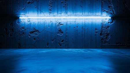 A stark, dark industrial space is dramatically illuminated by a single, bright blue neon light fixture running horizontally across a heavily textured concrete wall. The rough, cracked surface of the wall is highlighted by the cool blue glow, casting deep shadows and creating a moody, atmospheric scene. The floor, also rendered in a deep blue, reflects the light, adding to the sense of depth and modern aesthetic. evokes a sense of urban grit and contemporaryの素材