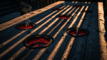 A close-up view of a rustic, weathered wooden table reveals circular openings filled with intensely glowing red-hot coals. Wisps of smoke rise from the embers, indicating significant heat and activity. The rough texture of the aged wood is prominent, with deep grain and visible wear. Sunlight casts strong diagonal shadows across the table, creating a dramatic contrast and highlighting the fiery glow within the openings. evokes a sense of primal energy, warmth, and traditional outdoor cooking...の素材