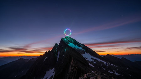 A view of a rugged mountain peak piercing the twilight sky. A vibrant, glowing neon ring hovers directly above the summit, casting an ethereal light. The sky is a dramatic canvas of swirling colors, with streaks of orange, pink, and deep blue blending together as stars begin to appear. Patches of snow and ice cling to the rocky slopes, contrasting with the dark, imposing form of the mountain. The scene evokes a sense of wonder, achievement, and surreal beauty.の素材