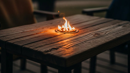 A close-up shot of a rustic, weathered wooden outdoor table. In the center of the table, a small, modern fire pit is burning, casting a warm, orange glow and flickering flames. Tiny sparks rise from the fire. The wood grain of the table is detailed, and the background is softly blurred, suggesting an evening setting with hints of chairs and outdoor ambiance.の素材