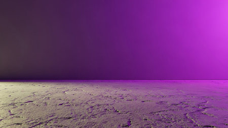 A textured ground surface, appearing rough and uneven, is dramatically illuminated by a gradient of vibrant purple light that transitions into a bright yellow hue. The background is a deep, dark void, emphasizing the intense colors and the texture of the ground. This creates an abstract and atmospheric scene with a modern, clean, and simple aesthetic, a variety of creative applications.の素材