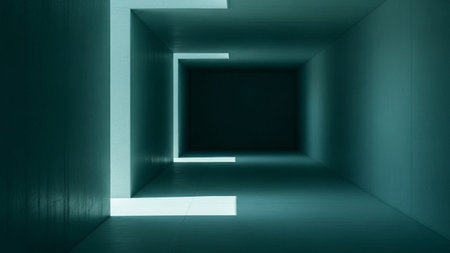 A stark, minimalist corridor stretches into the distance, defined by sharp geometric lines and planes. The space is bathed in an atmospheric cyan light, creating a cool, futuristic ambiance. Contrasting shadows are cast by unseen light sources, adding depth and a sense of mystery to the clean, repeating architectural forms. The perspective draws the viewer into the dark, unknown end of the passage.の素材