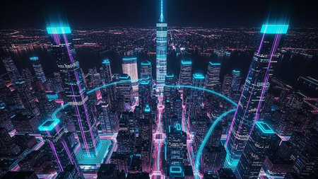 An awe-inspiring aerial view of a futuristic cityscape at night, pulsating with vibrant neon lights. Towering skyscrapers pierce the dark sky, adorned with glowing blue and purple accents. Intricate light bridges and pathways connect the buildings, creating a network of energy and data flow. The city is a spectacle of advanced technology and modern architecture, bathed in an electric glow that transforms the urban landscape into a dynamic, sci-fi dream.の素材