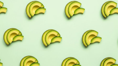 A visually appealing pattern created by neatly arranged slices of fresh avocado on a smooth, light green background. Each slice is fanned out, revealing the creamy green flesh and the characteristic curved shape. The repetition of the avocado slices creates a clean, modern, and symmetrical The overall aesthetic is fresh, healthy, and minimalist, making it various applications related to food, health, and lifestyle.の素材