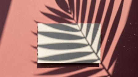 A minimalist composition featuring the distinct shadow of palm leaves cast across a rectangular piece of textured paper. The paper is placed on a soft pink or dusty rose background. The interplay of light and shadow creates a and artistic effect, with the delicate veins of the leaves visible within the shadow. The overall aesthetic is serene and subtly tropical.の素材