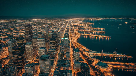 An expansive aerial perspective of a bustling city and its adjacent harbor at night. Countless lights from skyscrapers and urban streets create a spectacle against the dark sky. The harbor area is illuminated with lights from ships and port facilities, with reflections shimmering on the water's surface. The scene conveys a sense of immense scale, energy, and the vibrant life of a major metropolis.の素材