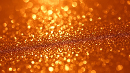An abstract and vibrant background composed of countless shimmering golden orange glitter particles. The tiny particles catch and reflect light, creating a and luminous effect. Large, soft bokeh circles are scattered throughout the adding a sense of depth and a magical, celebratory atmosphere. The warm tones of orange and gold evoke feelings of joy, festivity, and luxury. is creating a festive mood or adding a touch of glamour to related to celebrations, holidays, or special events.の素材