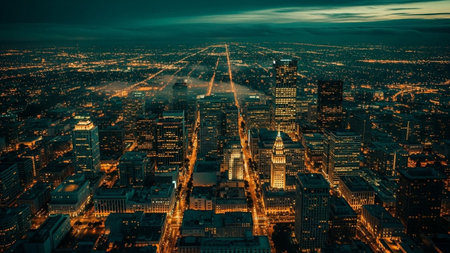 An elevated perspective captures a vast city skyline at night. Countless lights from skyscrapers and street grids stretch out to the horizon, creating a display of urban energy. The buildings are illuminated with warm yellow and orange tones, contrasting with the deep blue-green of the twilight sky. The conveys the scale and dynamism of a modern metropolis.の素材