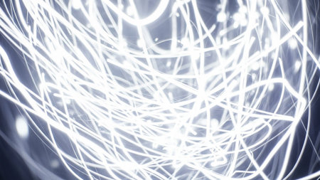 An abstract composition featuring numerous bright white light trails swirling and intertwining in a dynamic, chaotic pattern. The luminous lines create a sense of intense energy and movement against a darker background. The evokes a feeling of futuristic technology, digital networks, or abstract scientific phenomena, with its vibrant and energetic visual display.の素材