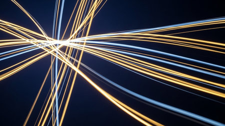 This abstract a dynamic interplay of light trails in vibrant golden yellow and cool blue hues. The streaks of light originate from a central point and radiate outwards, creating a sense of speed and energy. The background is a deep, dark navy, which makes the luminous lines stand out prominently. The composition is abstract and modern, suggesting concepts of technology, data flow, or cosmic phenomena. The interplay of colors and the sense of movement evoke a futuristic and energetic mood.の素材